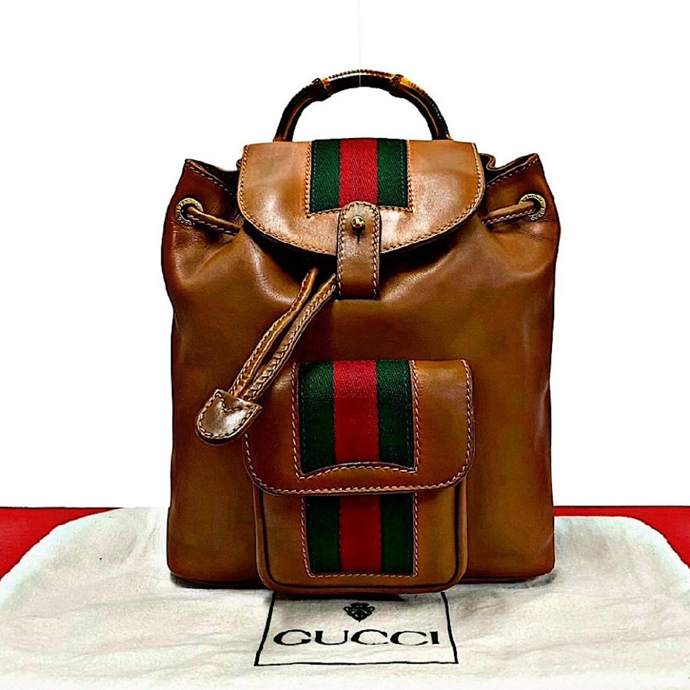 Authentic Vintage Gucci Rare Brown Leather Bamboo Web Mini Backpack